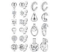 Chriscoco 10Pairs Clip On Earrings for Women Silver Clip Earring Non Pierced CZ Pearl Knot Twist Chunky Hoop Stud Clip-on Earrings Set Hypoallergenic Statement Fake Earring