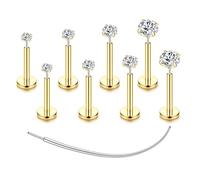 Chriscoco 4-8Pcs G23 Titanium Helix Piercing Jewellery Threadless Nose Stud | Hypoallergenic,16G/18G/20G,Silver 14K Gold Plated,Conch Labret Tragus Lip Piercing Jewellery,Flat Back Cartilage Earrings