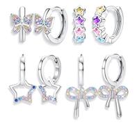 Chriscoco 4 Pairs Small Silver Hoop Earrings for Women Hypoallergenic Earrings Girls Huggie Earrings Star Heart Butterfly Cubic Zirconia Earrings Set Cartilage Earrings Purple Blue Pink,A