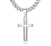 Chriscoco 925 Sterling Silver Cross Pendant Necklace with Stainless Steel Diamond-Cut Figaro Chain Delicate Highly Polished Beveled Edge Cross Pendant Necklace for Men Women