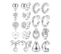 Chriscoco 9Pairs Clip On Earrings for Women Silver Clip Earring Non Pierced CZ Pearl Knot Twist Chunky Hoop Stud Clip-on Earrings Set Hypoallergenic Statement Fake Earring