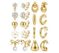 Chriscoco Clip On Earrings for Women 14K Gold Plated Clip Earrings Non Pierced CZ Pearl Knot Twist Chunky Hoop Stud Clip-on Earring Set Hypoallergenic Statement Fake Earring