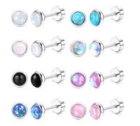 Chriscoco Flat Back Earrings for Women Nap Sleeper Earring | Stainless Stee Earrings,Created-Opal Moonstone Earring,Cartilage Helix Tragus Piercing,Silver Tone Studs 20G