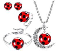 Chriscoco Good Luck Ladybug Jewelry Red Ladybug Bracelet Moon Necklace Ring Stud Set Ladybug Lover Gift Insect Wish Lucky Gift for Women Girl
