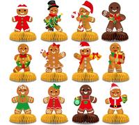 Chrisfall 12 Pcs Gingerbread Man Christmas Table Centerpieces, 3D Honeycomb Holiday Party Decorations for Winter, Xmas Cookie Candy Cane Snowflake Tabletop Décor for Home School Office