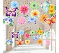 Chrisfall 36 Pcs Butterfly Flower Party Decoration Hanging Swirl Streamer Hanging Ceiling Paper Flora Butterfly Decoration for Summer Spring Wedding Home Garden Girl Birthday Baby Shower Tea Party