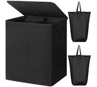 Chrislley 154L Double Laundry Basket with lid and Removable Laundry Bags Large Collapsible 2 Dividers washing basket with Handles for Bedroom Laundry Room Closet Bathroom College (Black)