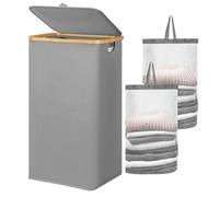 Chrislley 70 L Slim Laundry Basket with Lid, Foldable Laundry Hamper with 2 Removable Inner Bags & Bamboo Handles, Tall Thin Narrow Laundry Basket for Dirty Clothes