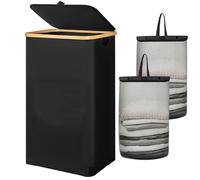 Chrislley 70 L Slim Laundry Basket with Lid, Foldable Laundry Hamper with 2 Removable Inner Bags & Bamboo Handles, Tall Thin Narrow Laundry Basket for Dirty Clothes