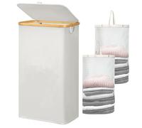 Chrislley 70 L Slim Laundry Basket with Lid, Foldable Laundry Hamper with 2 Removable Inner Bags & Bamboo Handles, Tall Thin Narrow Laundry Basket for Dirty Clothes