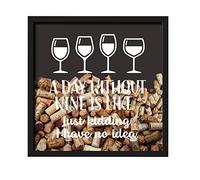 Chris's Stuff Wine Cork Holder | Shadow Box Frame 11"x11" Cork Storage Display Organizer | Wall Mounted, Tabletop & Countertop Hanging Cork Holders Wine Decor Shadowbox ( Black, A Day Without Wine )
