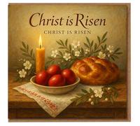 Christ is Risen Easter Card - Religious Design with Candle, Red Eggs, Braided Bread and Spring Blossoms
