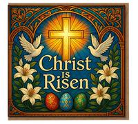 Christ Is Risen Easter Card - Religious Stained Glass Cross with Doves, Lilies and Decorated Eggs - Christian Resurrection Greeting