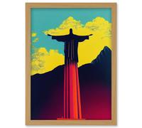 Christ the Redeemer Rio Brazil Pop Art Artwork Framed Wall Art Print A4 Artery8 Light Oak One Size