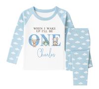 ChrisTeePrint UK Personalised 1st Birthday Pyjamas for Boys, When I Wake Up I’ll Be One, Custom Name Blue Animal Birthday Outfit, Boys PJs Age 1-6