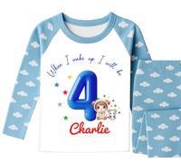 ChrisTeePrint UK Personalised Birthday Pyjama Set Boys Age 1-6 Custom Name When I Wake Up I Will Be Birthday Outfit Blue Number Balloon Kids Loungewear Set