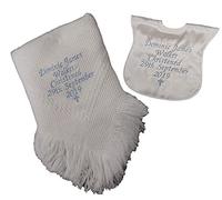 Christening/Baptism Personalised Shawl and bib Set with Small Cross Available in White or Cream (White)