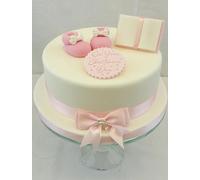 Christening Cake - Pink Baby Booties, On Your Christening Plaque, Open Bible with Pink Ribbon, Ribbon & Bow Cake Topper Set