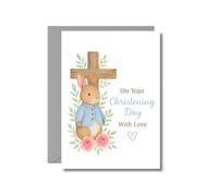 Christening Card for Baby Boy Girl with Bunny Cross Floral Design Religious Baptism Greeting from Family Friends CHRIST12