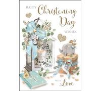 Christening Congratulations Card for Boys - Bible, Hearts and Candle - Special Finishes and Illustrated Insert Leaf - Made in the UK