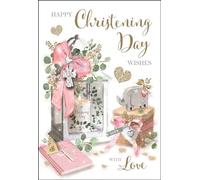 Christening Congratulations Card for Girls - Bible, Hearts and Candle - Special Finishes and Illustrated Insert Leaf - Made in the UK