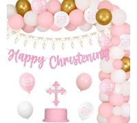 Christening Decorations Pink, On Your Christening Day Bunting Banner, Pink White Gold Balloon Arch Happy Christening Banner Cake Topper for Baptism Party First Communion Celebration Event Supplies