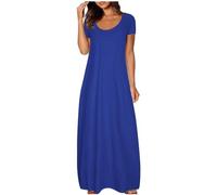 Christening Dresses for Women Summer Maxi Dresses for Women Casual Short Sleeve Cotton Swing Long Dress Scoop Neck Flowy Sundress with Pockets for Beach Holidays Blue
