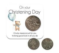 Christening Gift Lucky Sixpence Coin & Keepsake Card, On Your Christening Day Blessing Poem for Baby Girl, Daughter, Niece, Granddaughter, Traditional Baptism Gift with Silver-Toned Sixpence (Blue)