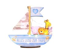Christening Gift, Money Gift, Christening with LED Fairy Lights, Christening Gifts for Boys and Girls, Wooden Boat with Base, Christening Gifts Baby (Blue)