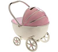 Christening Gift Silver Plated Pink Enamelled Pram Money Box