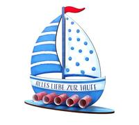 Christening Gifts Boys, 19 cm High and 19 cm Wide, Wooden Boat in Blue, Christening Gift for Boys and Girls, Decoration for Table or Children's Room