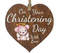 Christening Gifts for Girls Her - On Your Christening Day Hanging Wooden Heart Sign Plaque for Mummy Daddy - Dark Wood Hearts, First Communion Christening Gifts, Christian Religious Gift, Keepsake