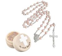 Christening Gifts for Girls Rosary Necklace With Baptism Memorial Box, Baby Christening Gifts, Pink Elegant Beaded Design, Suitable for Rosary Beads First Holy Communion for Baby Baptisms Party Gift