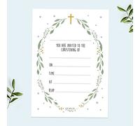 Christening Invitations - Boys Foliage Wreath - Pack of 10. Floral, Stars, Dainty, Beautiful, Delicate, Non-Personalised, Celebration. Envelopes Included. (3209)