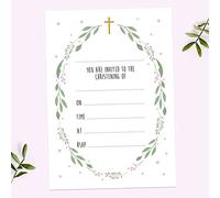 Christening Invitations - Girls Foliage Wreath - Pack of 10. Floral, Stars, Dainty, Beautiful, Delicate, Non-Personalised, Celebration. Envelopes Included. (3213)