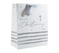 Christening White Kraft Gift Bag - 33cm Large Paper Gift Bag with Silver Ribbon Handles & Tag for Religious Occasions