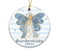 Christian Angel Christmas Ornament 2025 - “Glory to God in The Highest” Luke 2:14 - Religious Ceramic Ornament with Blue & Gold Angel, Inspirational Scripture Holiday Decoration & Faith Gift