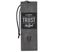 Christian Art Gifts Black Charcoal Gray Faux Leather Bookmark for Men: Trust in the Lord - Proverbs 3:5 Inspiring Bible Verse, Heat-debossed w/Silver Foil Accents Cross, Shield and Sturdy Leather Cord