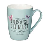 Christian Art Gifts Blue Butterfly Ceramic Coffee Mug - 12 oz. Microwave and Dishwasher-safe Inspirational Scripture Coffee and Tea Mug with Bible Verse: All Things Through Christ - Philippians 4:13