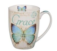 Christian Art Gifts Botanic Blue Butterfly Ceramic Coffee Mug - Inspirational Coffee Cup for Women & Men 12 oz. Lead-Free Microwave and Dishwasher Safe Coffee Mug with Bible Verse: Grace - Eph. 2:8