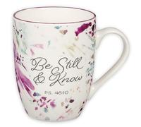 Christian Art Gifts Ceramic Coffee and Tea Mug for Women: Be Still and Know - Psalm 46:10 Inspirational Bible Verse, Abstract Design, Purple, 12 oz.