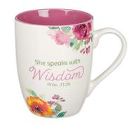 Christian Art Gifts Ceramic Coffee and Tea Mug for Women: She Speaks with Wisdom - Proverbs 31:26 Inspirational Bible Verse, Multi-floral, Maroon Red, 12 oz.