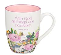 Christian Art Gifts Ceramic Coffee and Tea Mug for Women: With God All Things are Possible - Matthew 19:26 Inspirational Bible Verse, Multi-floral, Lavender Purple, 12 oz.