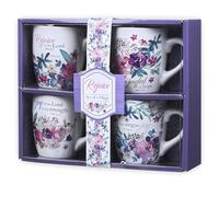 Christian Art Gifts Ceramic Coffee or Tea Mug Set for Women, Rejoice Watercolor Flowers Design Bible Verse Mug Set, Boxed Set of 4 Coffee Cups