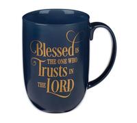 Christian Art Gifts Ceramic Large Coffee & Tea Mug for Men & Women: Blessed is the One Who Trusts - Jeremiah 17:7 Inspirational Bible Verse w/Golden Accents & Sturdy Handle, Navy Blue, 15 fl. oz.
