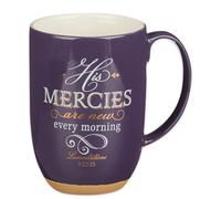 Christian Art Gifts Ceramic Scripture Coffee & Tea Mug Large 15 oz Inspirational Bible Verse Mug for Women: His Mercies are New - Lam. 3:22 Lead-free w/Clay Base & Gold Accents, Purple/White