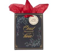 Christian Art Gifts Christmas Holiday Portrait Style Gift Bag & Tissue Paper Set w/Tag: Christ the Savior is Born - Silent Night Carol Wrapping Essential for Presents, Black, Gold, & Red, Medium