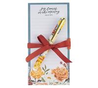 Christian Art Gifts Compact Magnetic Refrigerator Notepad & Ballpoint Pen Set for Women: Joy Comes in the Morning Inspirational Scripture, Charcoal Gray