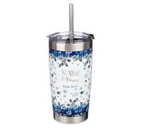 Christian Art Gifts Double Wall Vacuum Insulated Stainless Steel Travel Mug and Straw 18 oz Blue Floral Camp Style Coffee Mug with Lid for Women Laser-engraved- Be Still & Know -Psalm 46:10