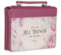 Christian Art Gifts Fashion Faux Leather Bible Cover for Women: with God All Things are Possible - Matthew 19:26 Inspirational Bible Verse Vintage Rose Case w/Pockets & Pen Loops, Dusty Pink, Medium